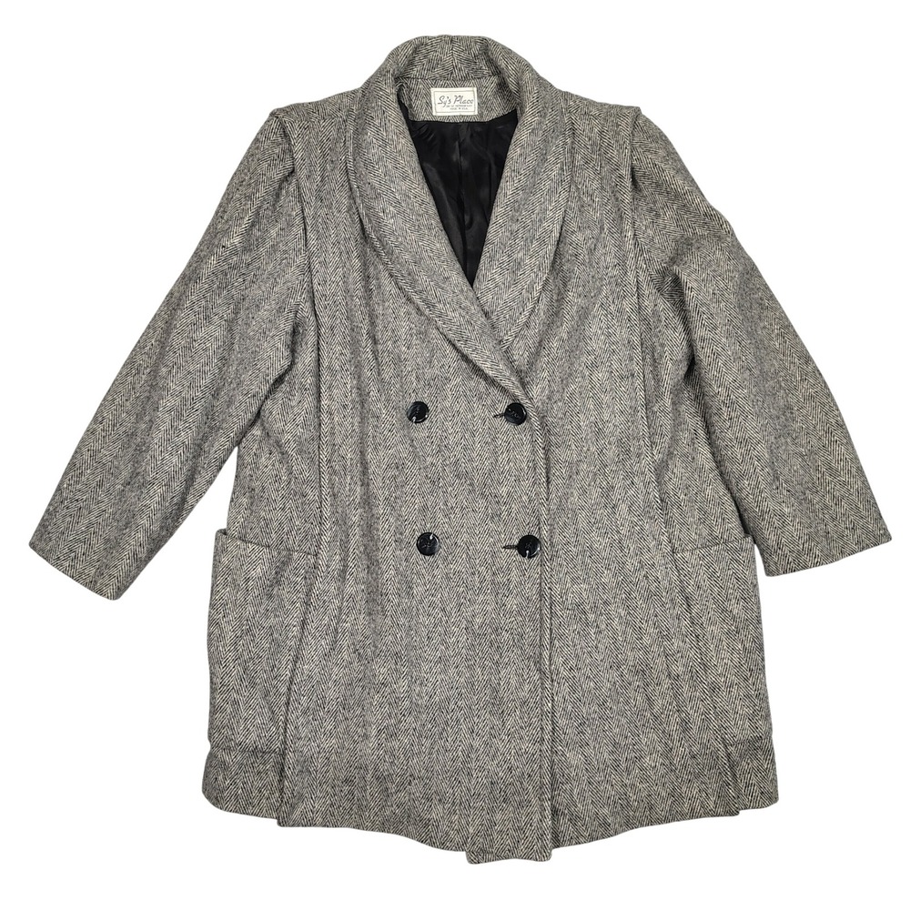 Sy's Place Wool Coat Mens XL VTG herringbone tweed Grey Double Breasted Overcoat